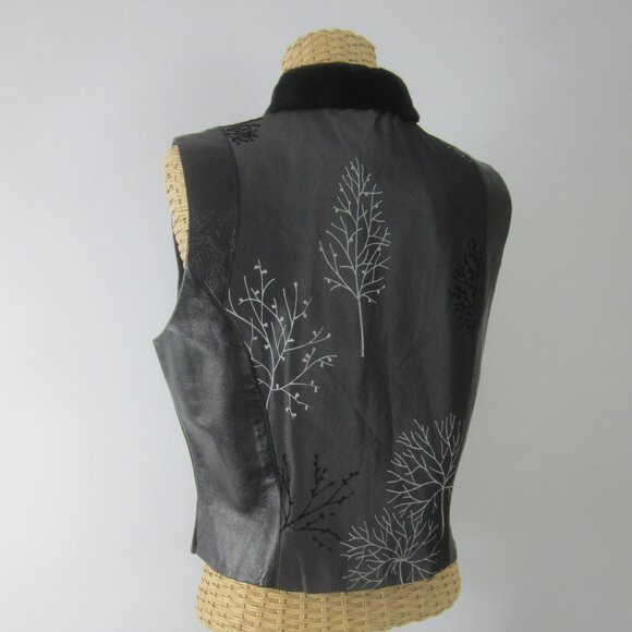 Vtg TAPP New York Womens M Black Gray Tree Print Lamb Leather Vest Fur Collar - Picture 13 of 13